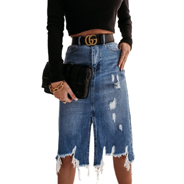 LYMAYTER Jupe en Denim Décontractée pour Femme Mini Ourlet à Franges Usée Rétro Lavée Jupe Trapèze Courte en Denim