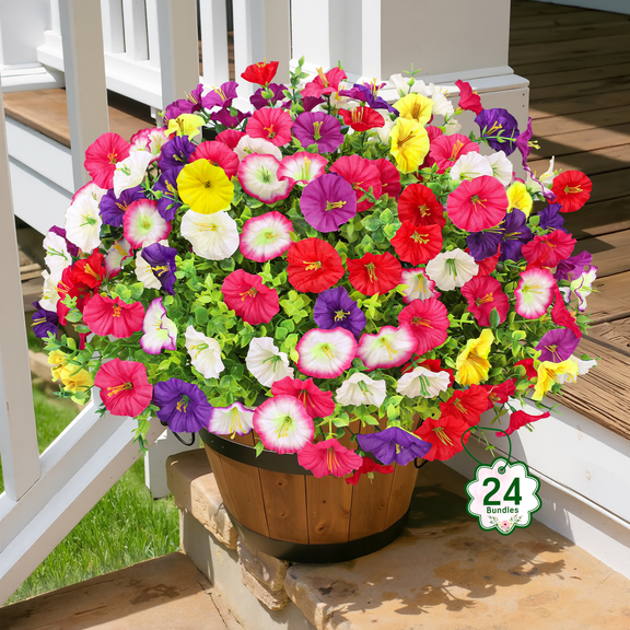 Scidweet Artificial Flowers for Outdoors, 24 Bundles Faux Fake Silk Morning Glory Flower Plants for Outside Spring Summer Patio Garden Porch Yard Home Decor, Multicolor