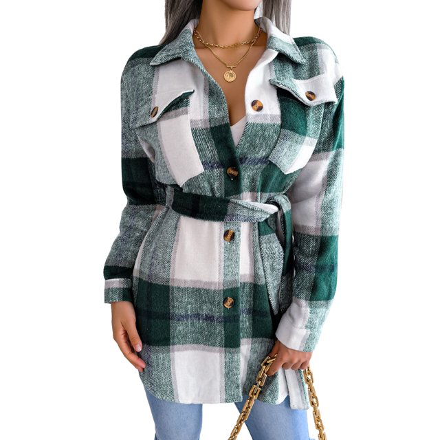 Abrigo a cuadros para mujer con cinturón engrosado Chaqueta con botones de manga larga para otoño invierno Verde M