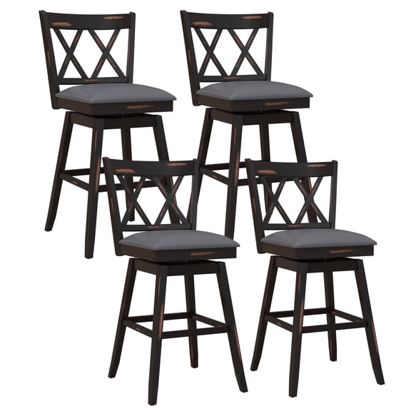 Costway 29" Bar Stools Set of 4 with Ergonomic Backrest Rubber Wood Legs Swivel Height Chairs Black, Gray