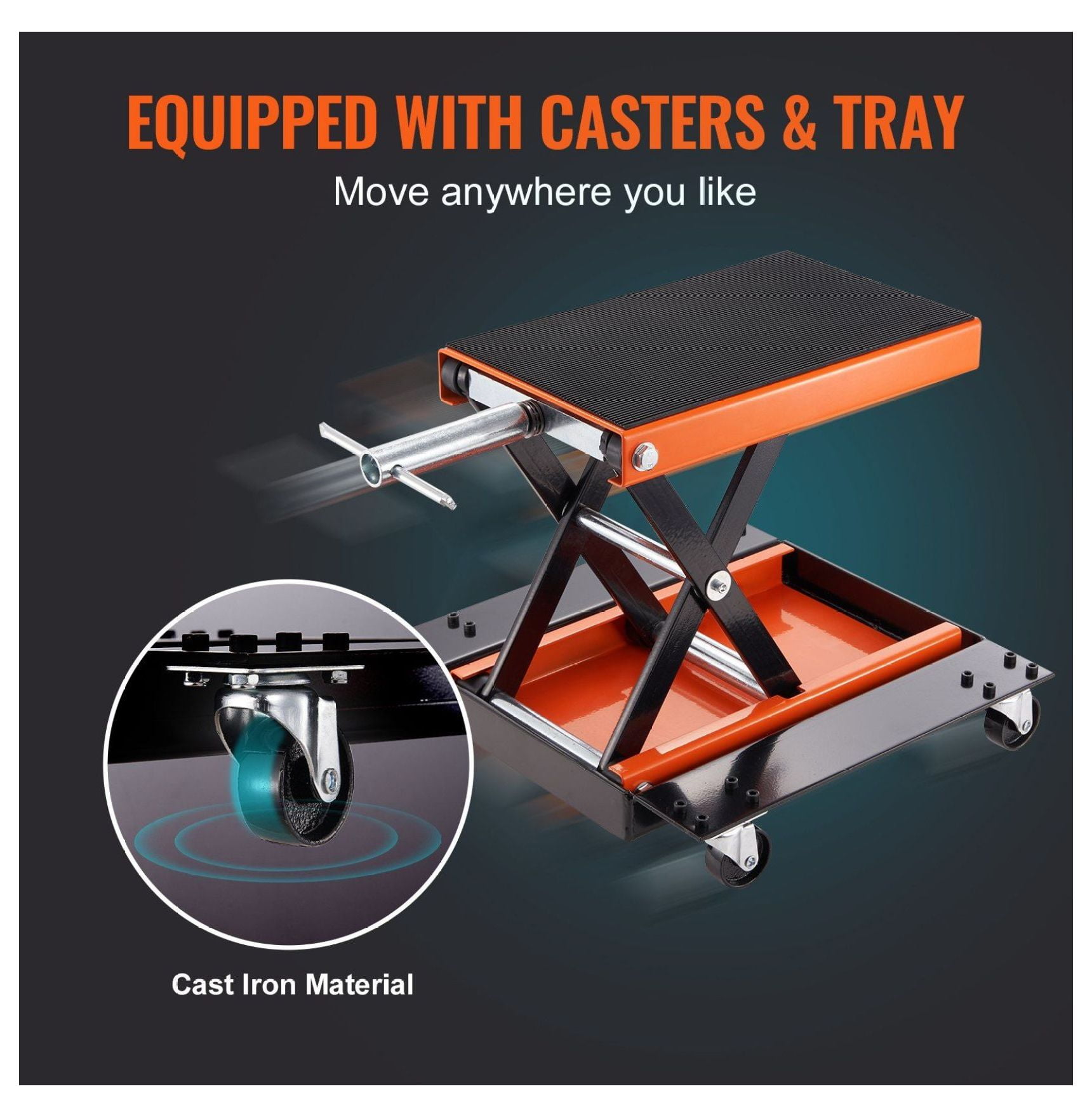 Motorcycle Lift 1100 LBS - ATV Scissor Jack with Dolly & Hand Crank - Center Stand for Street, Cruiser & Touring Bikes - Wide Deck & Tool Tray