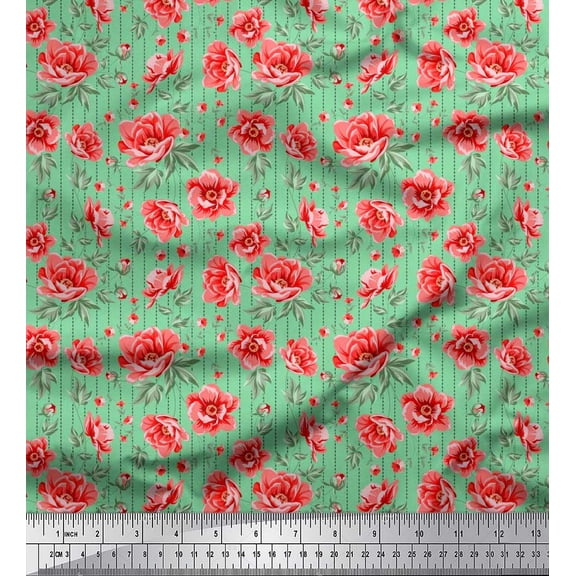 Soimoi Cotton Duck Fabric Stripe,Leaves & Peony Floral Printed Craft Fabric by the Yard 42 Inch Wide