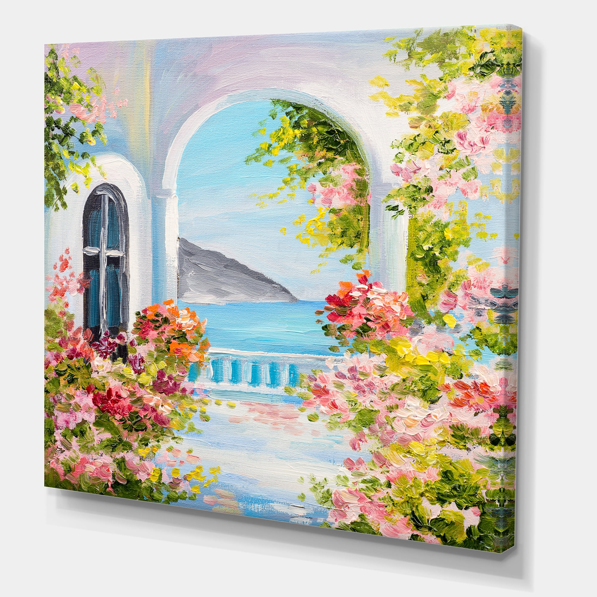Designart ' Pink Flowers With Traditional Greek House ' Nautical & Coastal Canvas Wall Art Print