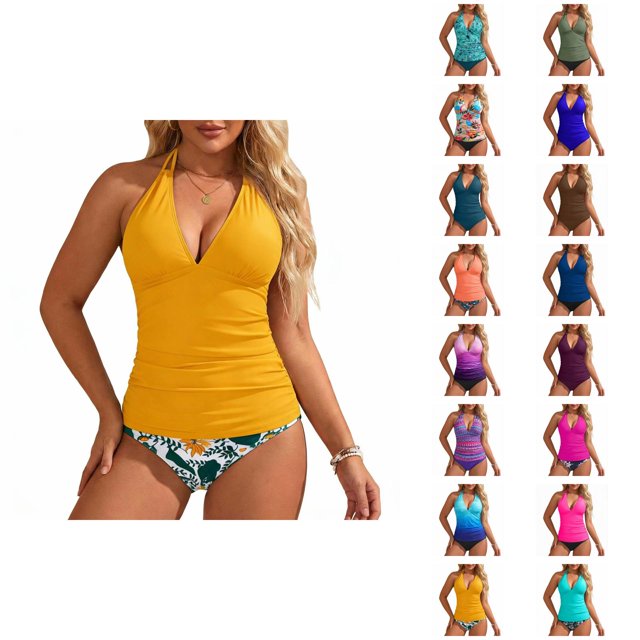 Womens Tankini Swimsuits Fashion Deep V Neck Slimming Tummy Control with High Waisted Bottom Two Piece Bathing Suits Woman