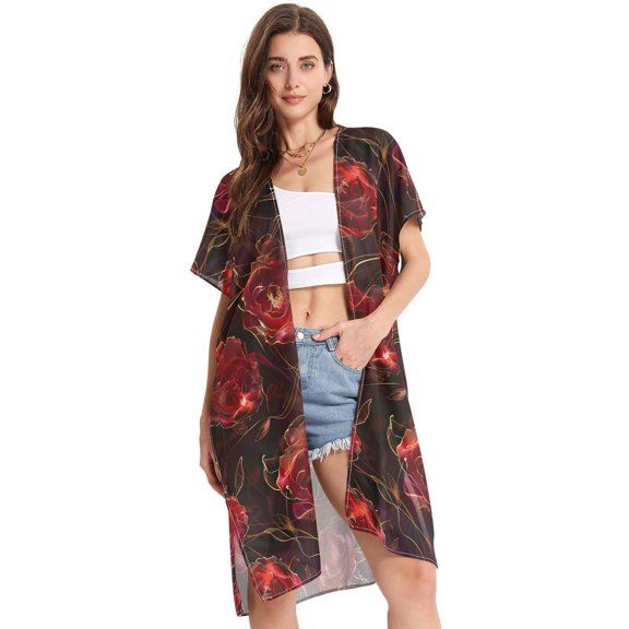 Beach Vacation Clothes Kimono Cardigan Loose Swimsuit Cover Up for Women Beautiful Rose S