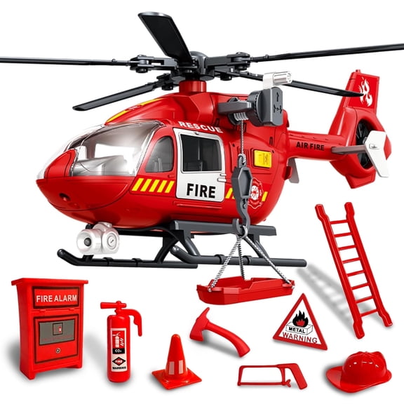 PMHZI Kids Rescue Helicopter Toy with Lights & Sound, Ambulance Helicopter with Fire Rescue Tools, 8 Pcs Accessories, Role Play for Ages 3 