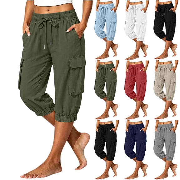 Womens Cargo Capri Pants, Elastic Waist Drawstring Cropped Pants with Multi Pockets, Outdoor, Walking Casual Workout Wear | VerBelle,Army Green L