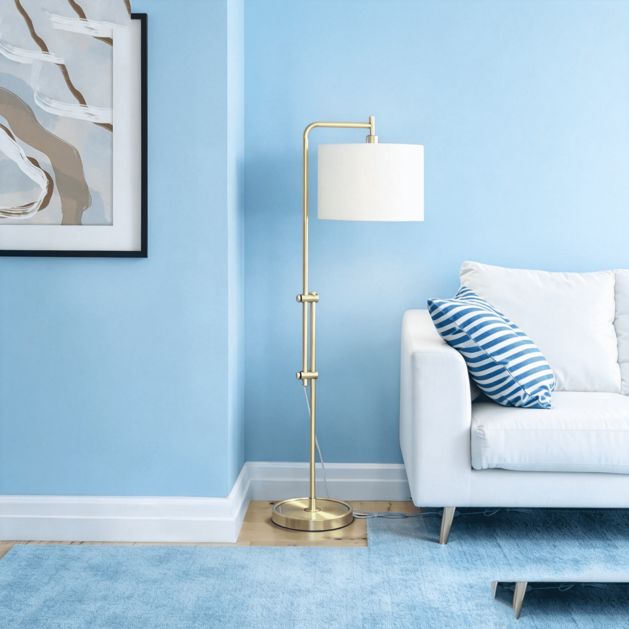 JERFIT Modern Arc Floor Lamp with Drum Shade, Gold Metal Standing Light for Living Room, Reading Nook, Bedroom or Office