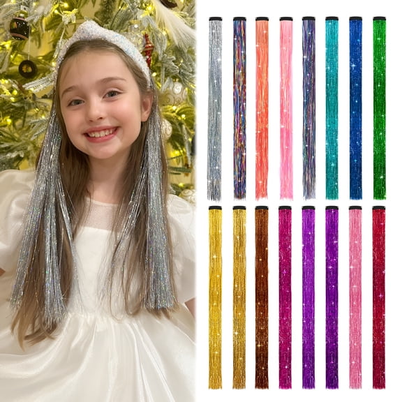 TUWAFE Clip in Tinsel Hair Extensions, Colored Hair Extensions for Girls, Glitter Tinsel Strands for Kids, 16 Pcs