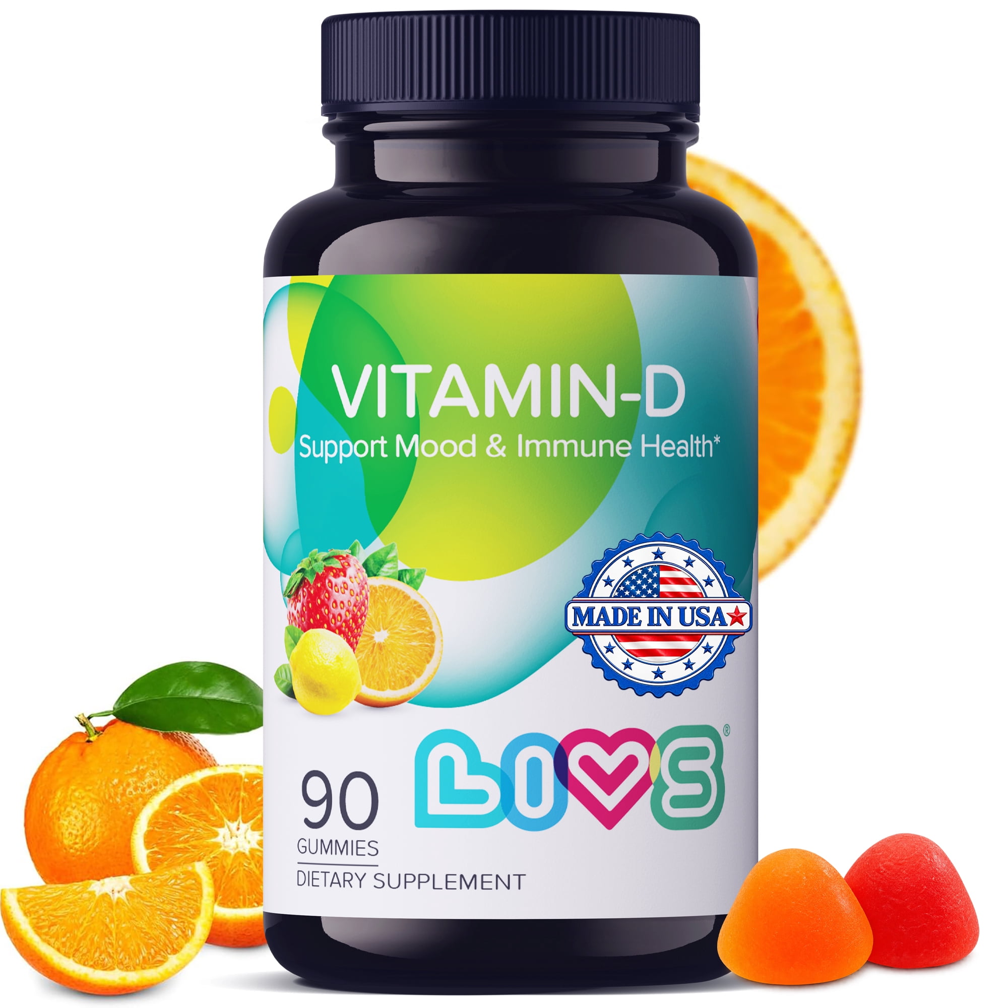 LIVS Vitamin D Gummies - 50mcg, Immune & Bone Health Support, 90 Count, Orange, Lemon & Strawberry Flavors