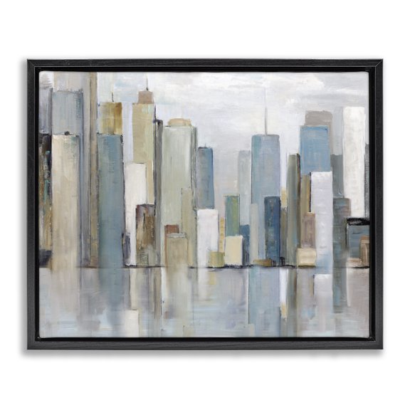 Stupell Industries Industrial Abstract Cityscape Buildings Black Floating Frame Canvas Art, 21 x 17, by Sally Swatland