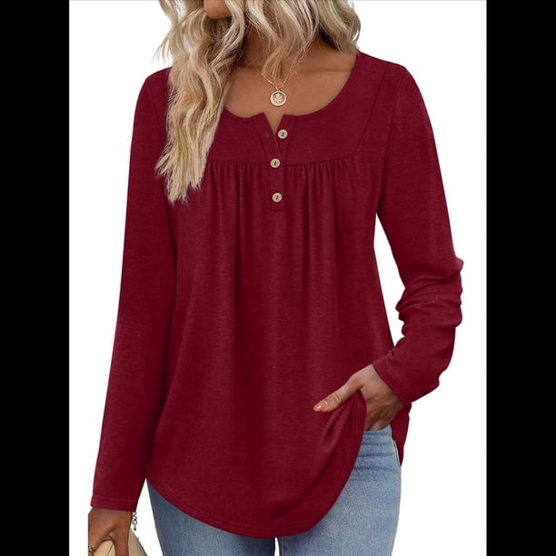 Camisas de Larga para Mujer, Conjuntos de Otoño, Cuello Redondo, Túnicas Casuales, Blusas de Moda, Ropa de Moda. Vino Tinto M