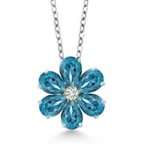 Gem Stone King 2.47 Ct London Blue Topaz E-F Lab Grown Diamond 925 Silver and 10K Yellow Gold Pear Shape Flower Pendant with Chain