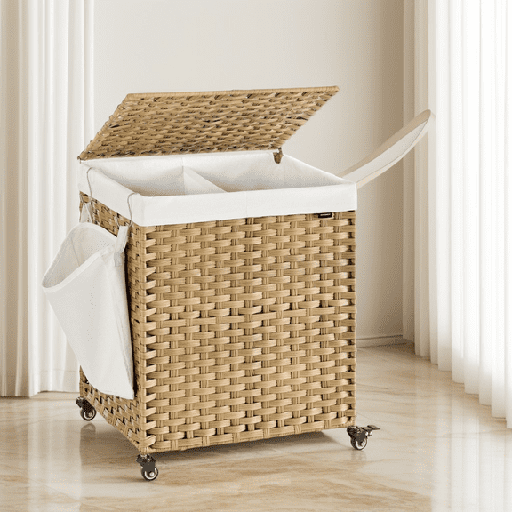 LEDREM 38.3 Gallon Rolling Laundry Hamper with Wheels, 2-Section Laundry Basket with Removable Liner, Synthetic Rattan, Natural Color