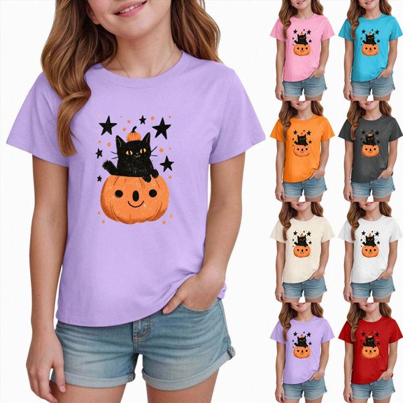 BOBOGOJP Kid' Halloween Shirt,Toddler Girl Halloween Toddler Halloween Shirt Pumpkin Print Short Sleeve Girl T-Shirt Casual Tee Tops,Size 3-4 Years
