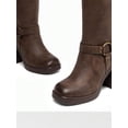 thumbnail image 6 of Women's Chunky Heel Platform Knee-High Square Toe Boots with Side Zipper, Adjustable Straps, Buckle Decorated Motorcycle Riding Boots - Brown, 6 of 10