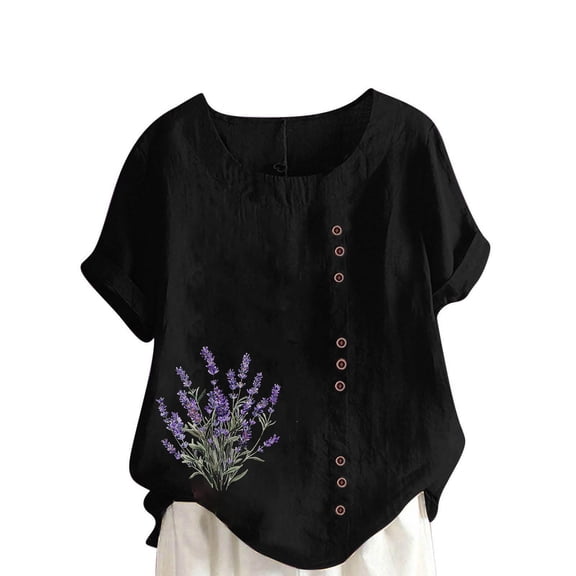 ZQUUVOU Women's T-Shirt Linen Round-Neck Short Sleeve Button T-Shirt Blouse Black (S)