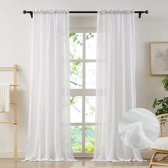 Elegant White Sheer Curtains 108 Inches Long for Living Room Patio Door Cotton Linen Textured Light Filtering Semi Sheer Curtains Natural Privacy Voile Curtains, W52 x L108 in, 2 Panels