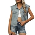 thumbnail image 2 of Mevxay Veste en Denim pour Femmes, Col à Revers Classique, Veste en Jean Courte, Manches Cap, Tendance, Gilet Boutonné avec Poche, Bleu, P, 2 of 9