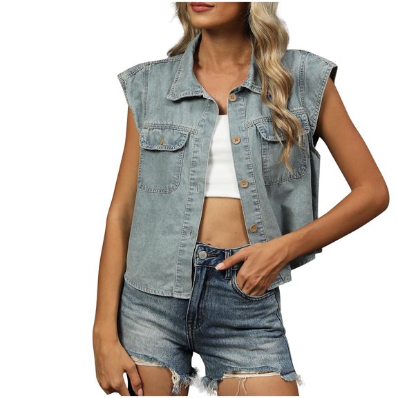 Womens Vintage Denim Vests, Sleeveless Button up Jean Waistcoat Cropped Jackets with Pockets Cropped Denim Jacket for Lady Blue S