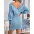 thumbnail image 5 of Women'S Cocktail Knitted Sweater Dress Long Sleeve Batwing Sleeve V-Neck Backless Mini Dress Blue M, 5 of 8