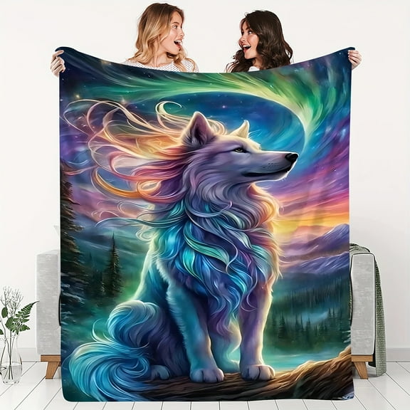 100% Polyester Cozy Flannel Contemporary Colorful Wolf King Pattern Soft Fleece Blanket, Unique Embellishments All-Season Animal Theme Knitted Throw, Perfect Gift for Friends
