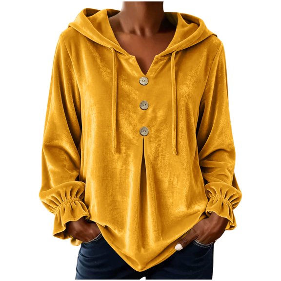 cocolona Plus Size Velvet Hooded Sweatshirts for Women Button Down V Neck Long Sleeve Hoodies Ruffle Cuff Pleated Fall Winter Tops