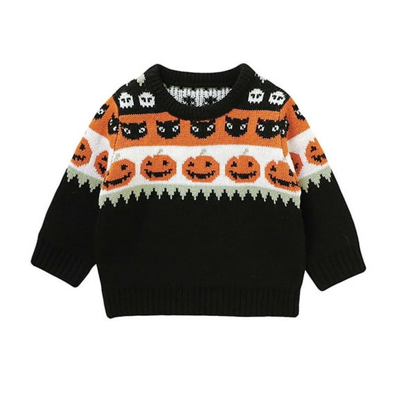 Odeerbi Infant Boys Girls Halloween Sweater Cute Winter Thermal Knit Crewneck Sweater Halloween Pumpkin Baby Cute Knitted Sweater Tops Infant Clothes Black