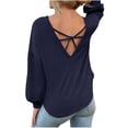 thumbnail image 4 of Women's Casual Tops Solid Color O-neck Hollow Back Blouse Long Puff Sleeves Dressy Waffle Knit Sweater Shirts(M,Navy), 4 of 5