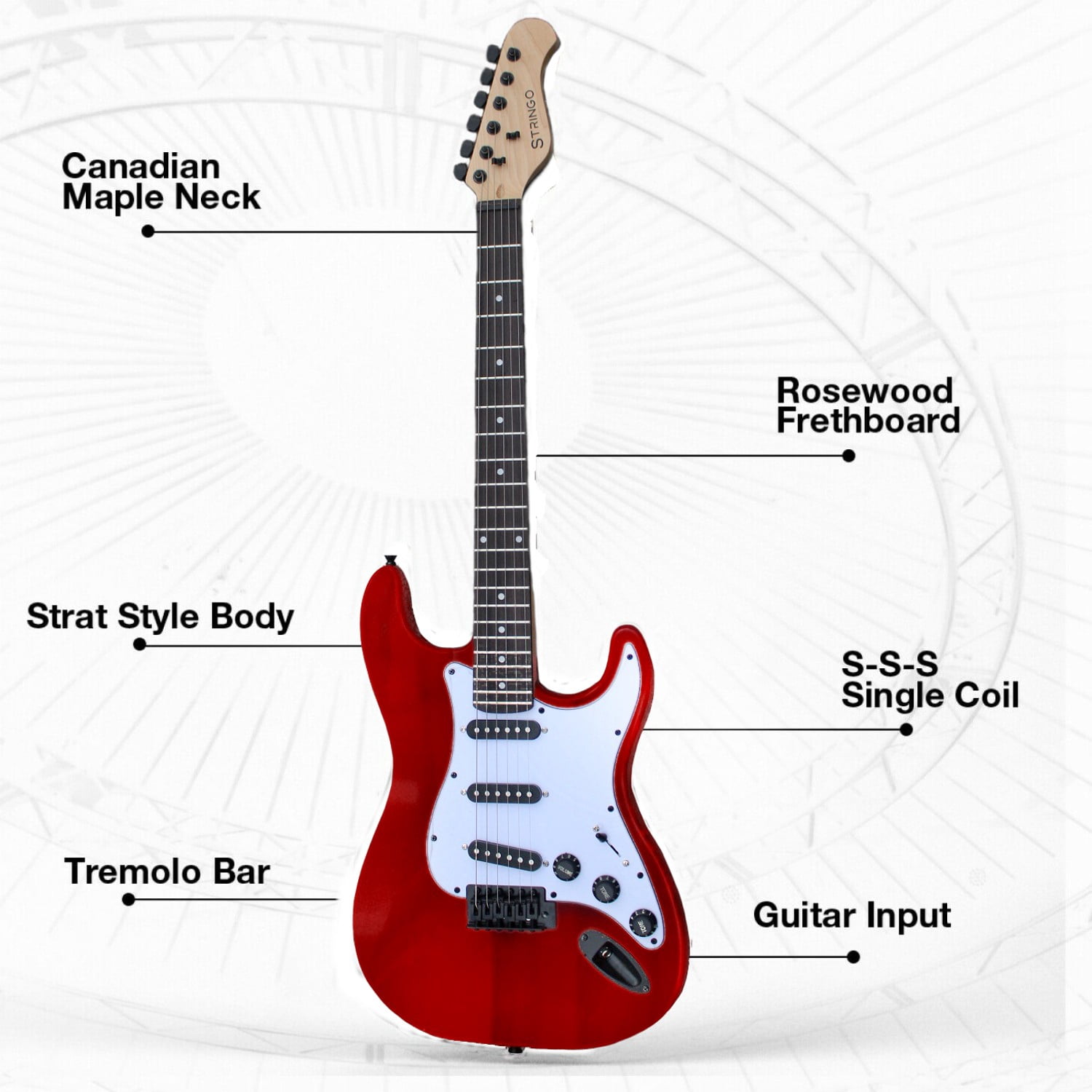 Red Electric Guitar Beginner Kit Full Size 39 Inch Set Includes Tremolo Guitar, 20W Amplifier 3 Picks, Shoulder Strap, Tuner, Bag Case