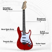 Red Electric Guitar Beginner Kit Full Size 39 Inch Set Includes Tremolo Guitar, 20W Amplifier 3 Picks, Shoulder Strap, Tuner, Bag Case