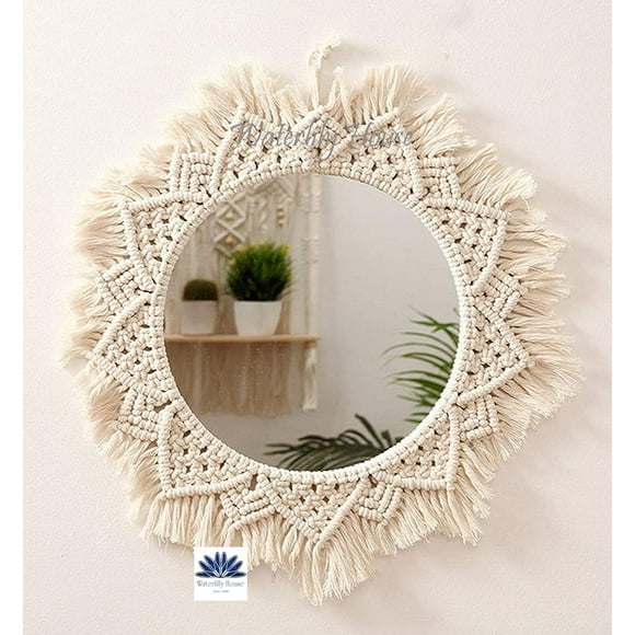 Waterlily House - Glass Wall Hanging Macrame Mirror, Macrame Wall Mirror, Macrame Hanging Fringe, With Fringe, Round Wall Mirror For Home (Model - A) (Off-White, Unframed)