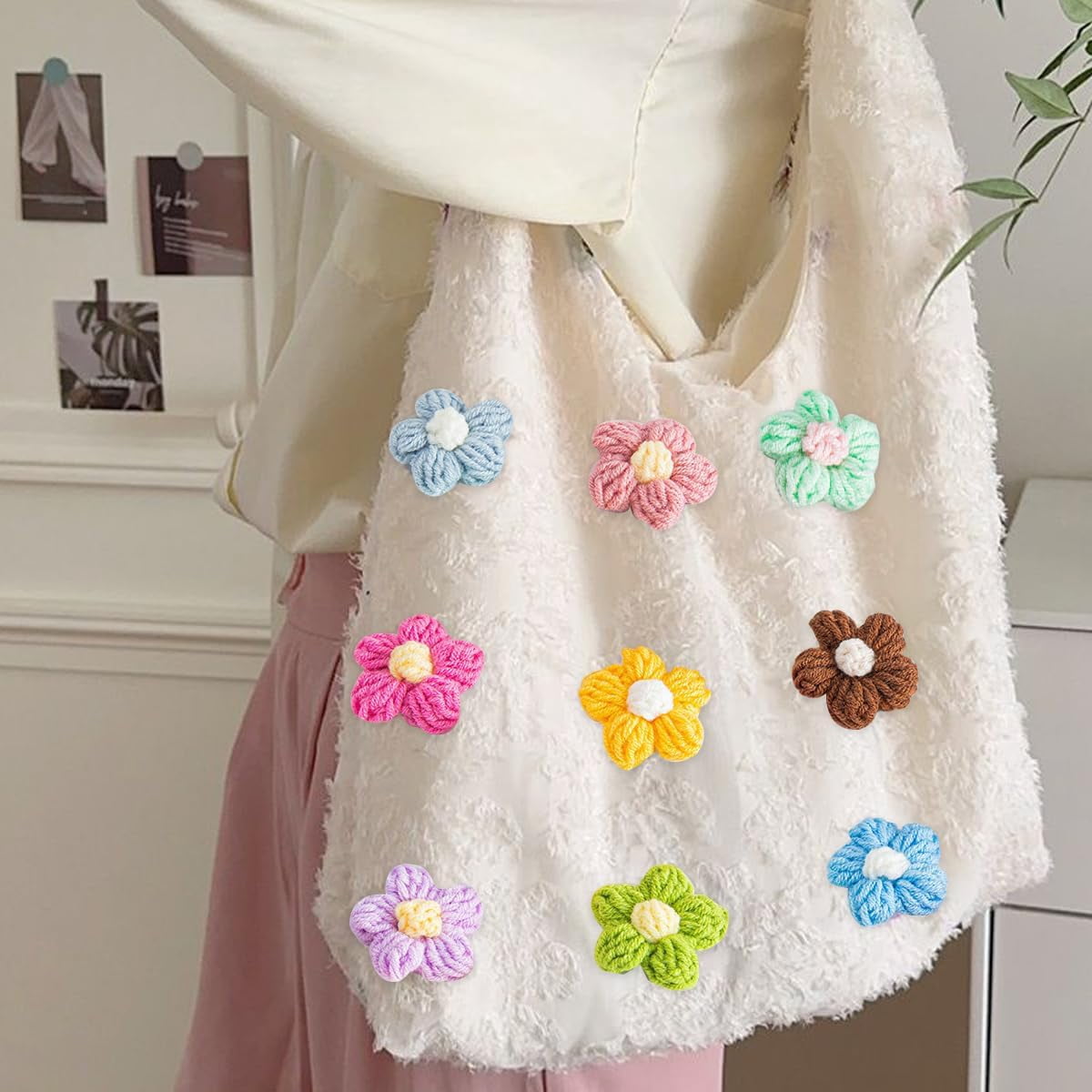 ABPETE 100Pcs Crochet Flowers Puff Flowers Knitted Yarn Flowers Handmade Crochet Flowers for Crafts Embellishments DIY Hair Headbands Hats Clothing Accessories