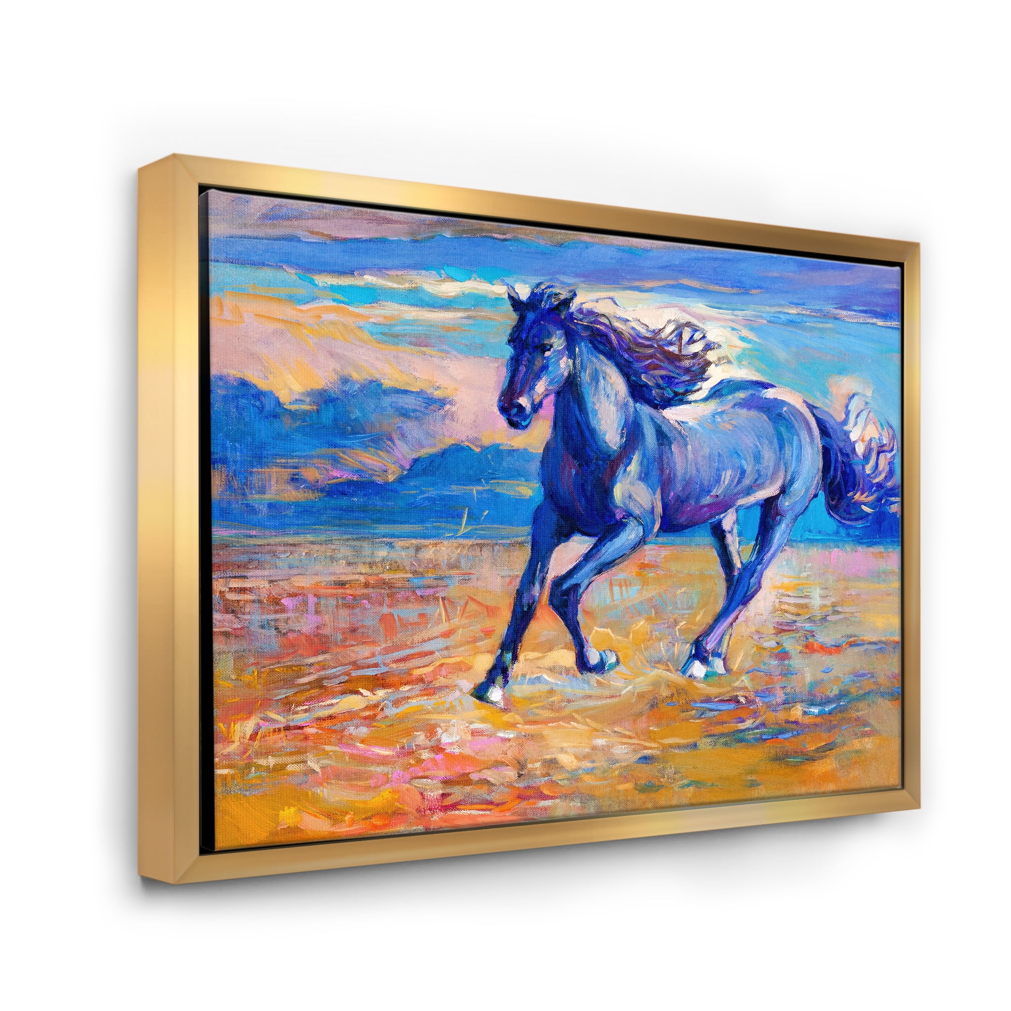 Designart 'Abstract Blue Horse Galoping Over The Prairie' Farmhouse Framed Canvas Wall Art Print
