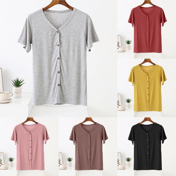 Women's Loose Fit Solid Color Button Down Short Sleeve Blouse Top Shirts Comfy Versatile Soft Lightweight Tops for Casual Daily Wear Work Office Outfits | CSEONE,Black L