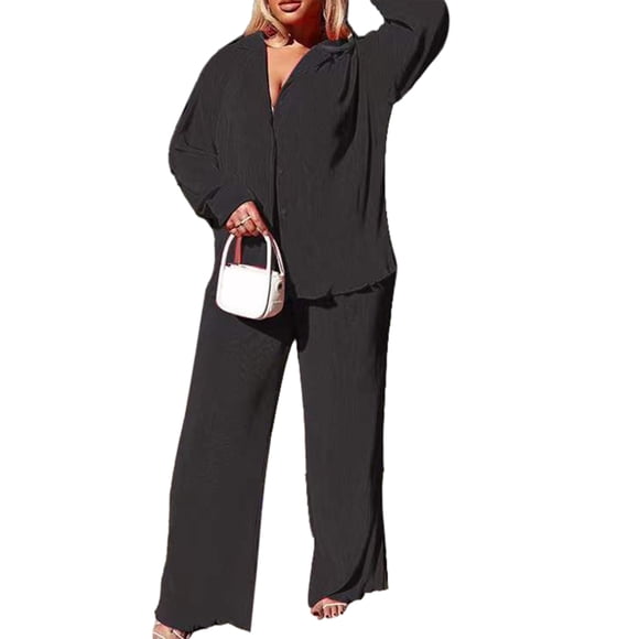 VISgogo Conjunto de Traje Femenino de 2 Piezas, Camisa de Manga Larga con Solapa de Color Sólido + Pantalones Largos Sueltos para Mujer, S/M/L/XL/XXL VISgogo moda