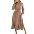 thumbnail image 2 of Gamivast Modest Dresses for Women Long Sleeve Round Neck Solid Pleated Dress High Waist Midi Dress With Belt A-Line Flowy Dress Church Work Office, 2 of 8