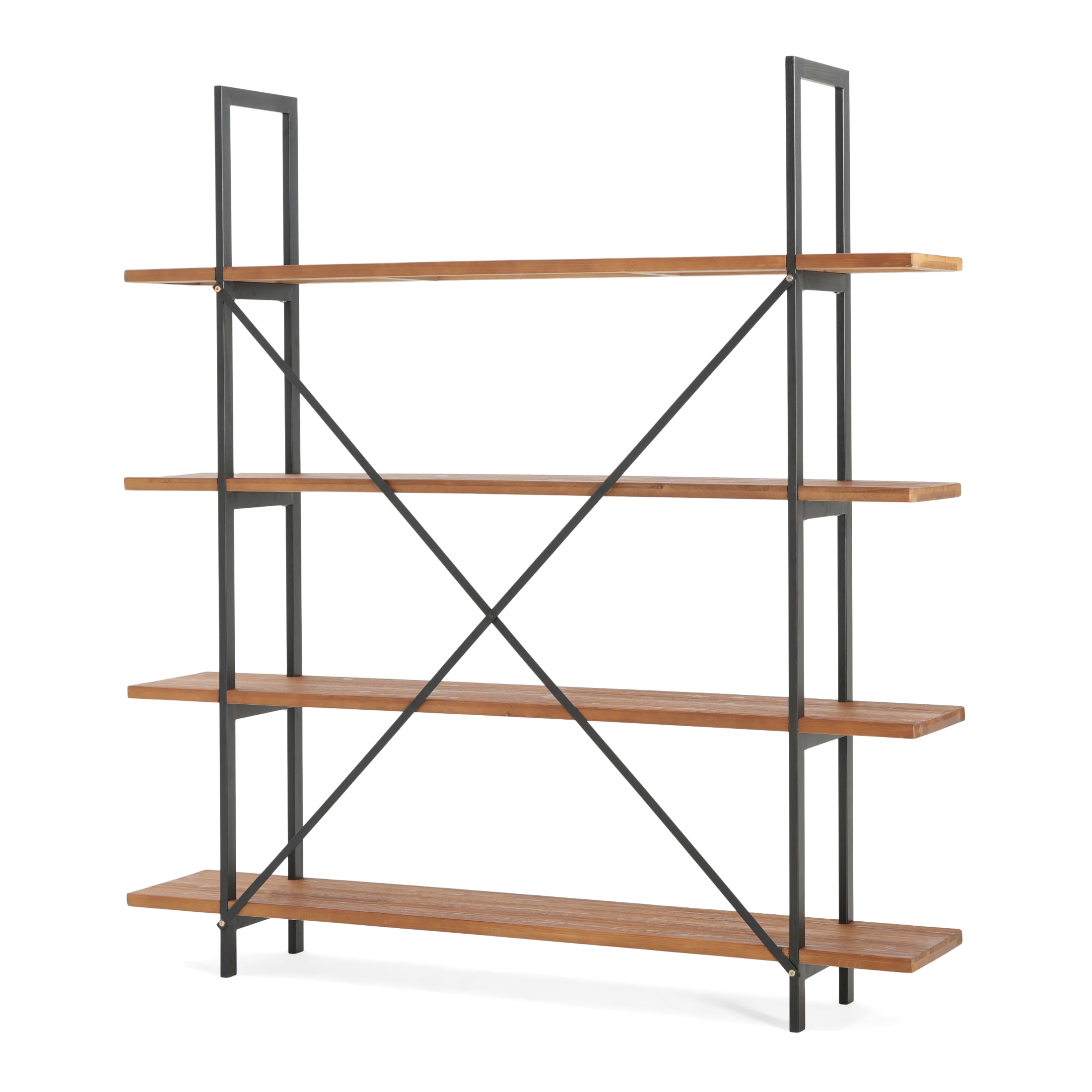 Christopher Knight Home Industrial Iron Bookcase with Solid Wood Shelves and X-Frame in Antique Black Finish