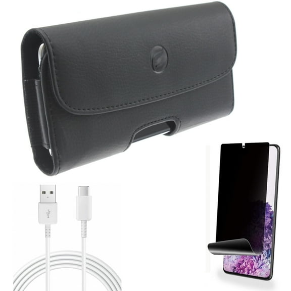 10ft USB-C Cable w Privacy Screen Protector w Case Belt Clip for Samsung Galaxy S20 Plus - Type-C Charger Cord Power, TPU Film [NOT GLASS] [Fingerprint Works], Leather Holster fits Galaxy S20 Plus