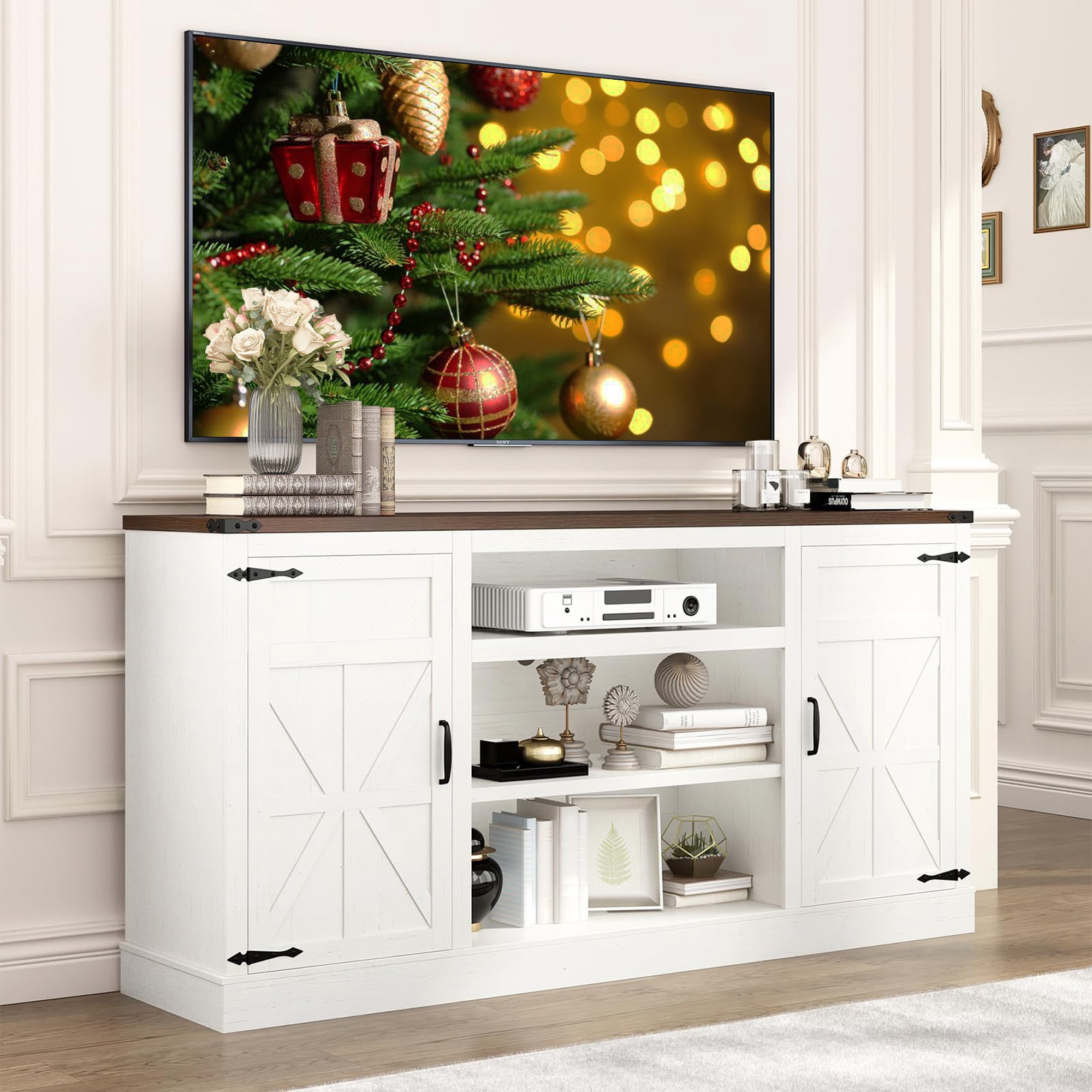 ChVans Farmhouse TV Stand for 65" 70" up 75" TVs with Power Outlet, 33" Tall TV Stand Entertainment Center with Storage, White TV Consoles For Living room Bedroom