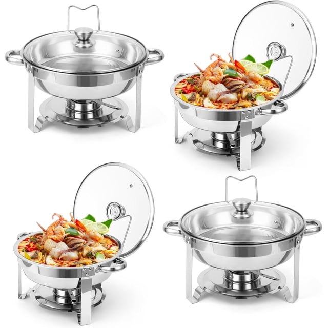 Twister.CK Réchaud de Buffet, Lot de 4, Ensembles de Réchauds Ronds en Acier Inoxydable 5 Qt et Réchauffe-Buffet pour Buffet avec Couvercle en Verre et Support de Couvercle, pour Fêtes, Événements, Mariage, Camping, Souper, Argent