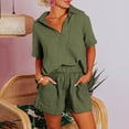 thumbnail image 5 of Brnmxoke Women's 2 Piece Outfits Short Sleeve Shirts and Shorts Linen Set Women Casual Lounge Set with Pockets Summer Beach Sweatsuits Loungewear Army Green,L, 5 of 8