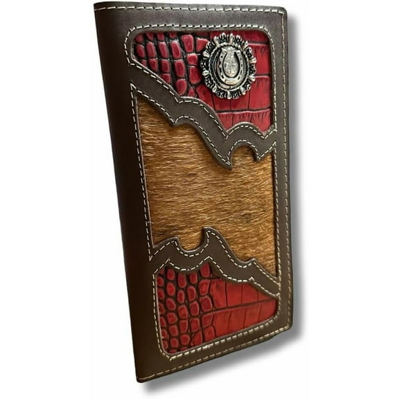 Mens Long Wallet Brown Leather Soft Leather Checkbook Style Cowboy High end Mens Wallets Leather Cow Hair Red Trim Tooled Wallet