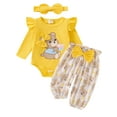 thumbnail image 2 of Baby Girl Fall Outfit, Bear Print Long Sleeve Romper Elastic Waist Pants Bow Headband 3 Piece Set, 2 of 9