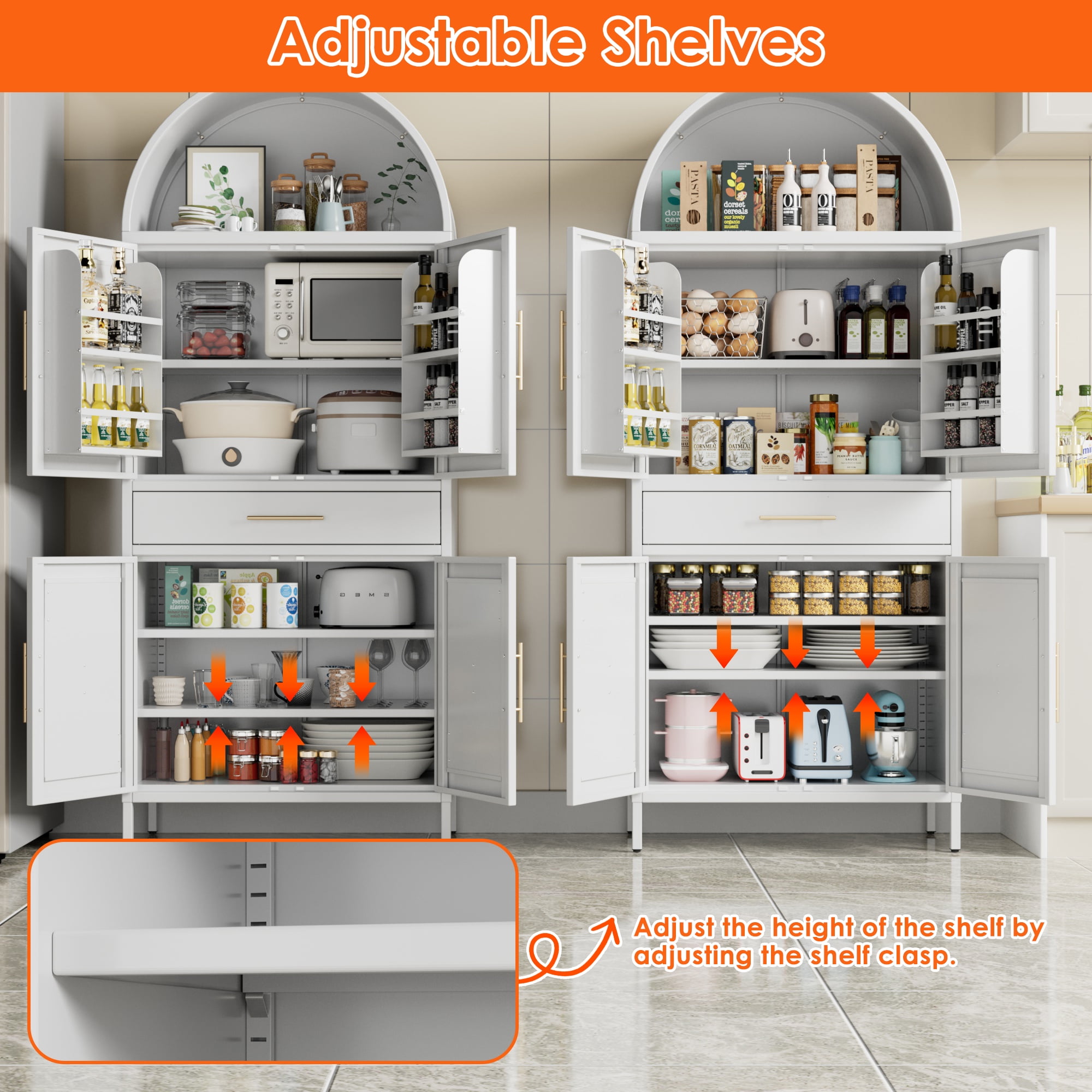 HUAXRON 73” Kitchen Pantry Cabinet with 1 Drawer, Arched Storage Cabinet with Doors and Adjustable Shelves, Tall Freestanding Cupboard for Kitchen,Living Room，Dining Room，Assembly Required,White