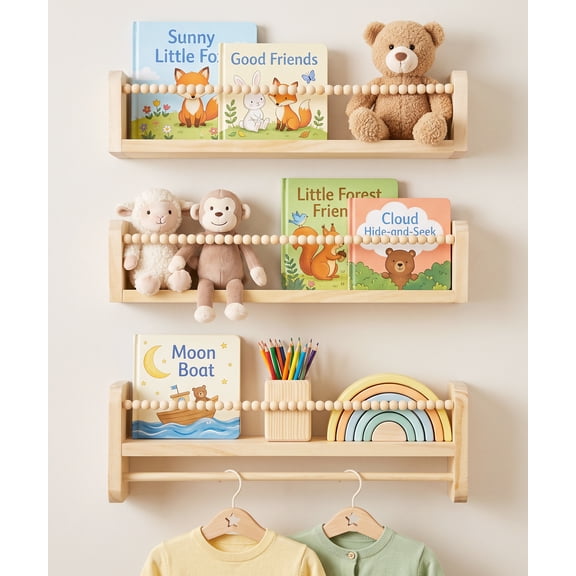 SUMGAR Nursery Floating Shelves for Wall Set of 3 16in, Kids Bookshelf Toy Storage Organizer Natural Wood Shelves Wall Mounted for Kids Room, Bedroom and Kitchen