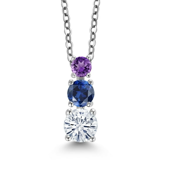 Gem Stone King White Moissanite Blue Created Sapphire Purple Amethyst 3 Stone Pendant Necklace for Women (0.85 cttw, Gemstone Birthstone, Round 5MM, 4MM and 3MM, with 18 inch Chain)