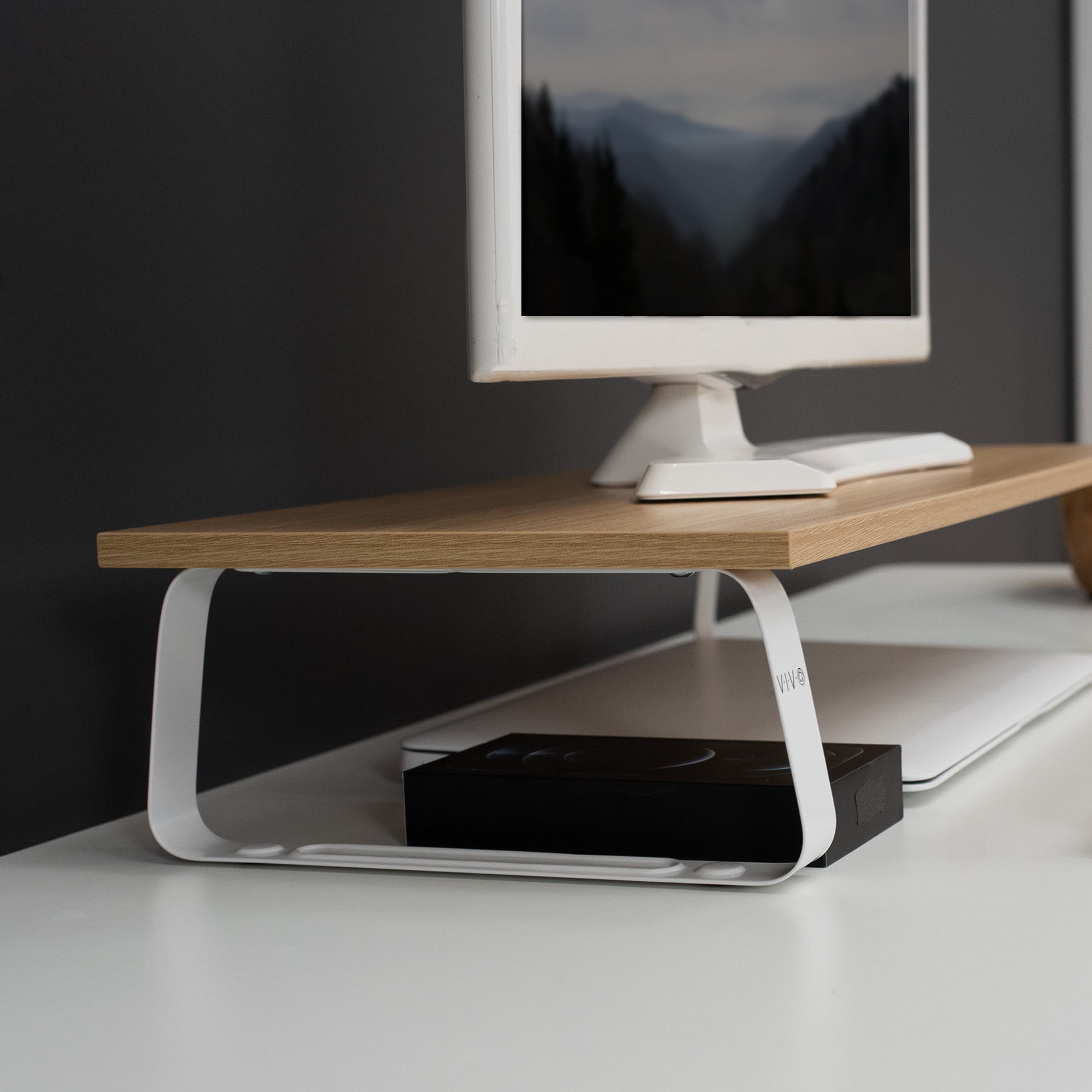 VIVO 24" Desktop Stand Organizer, TV Monitor Riser, Light Wood Top, White Legs