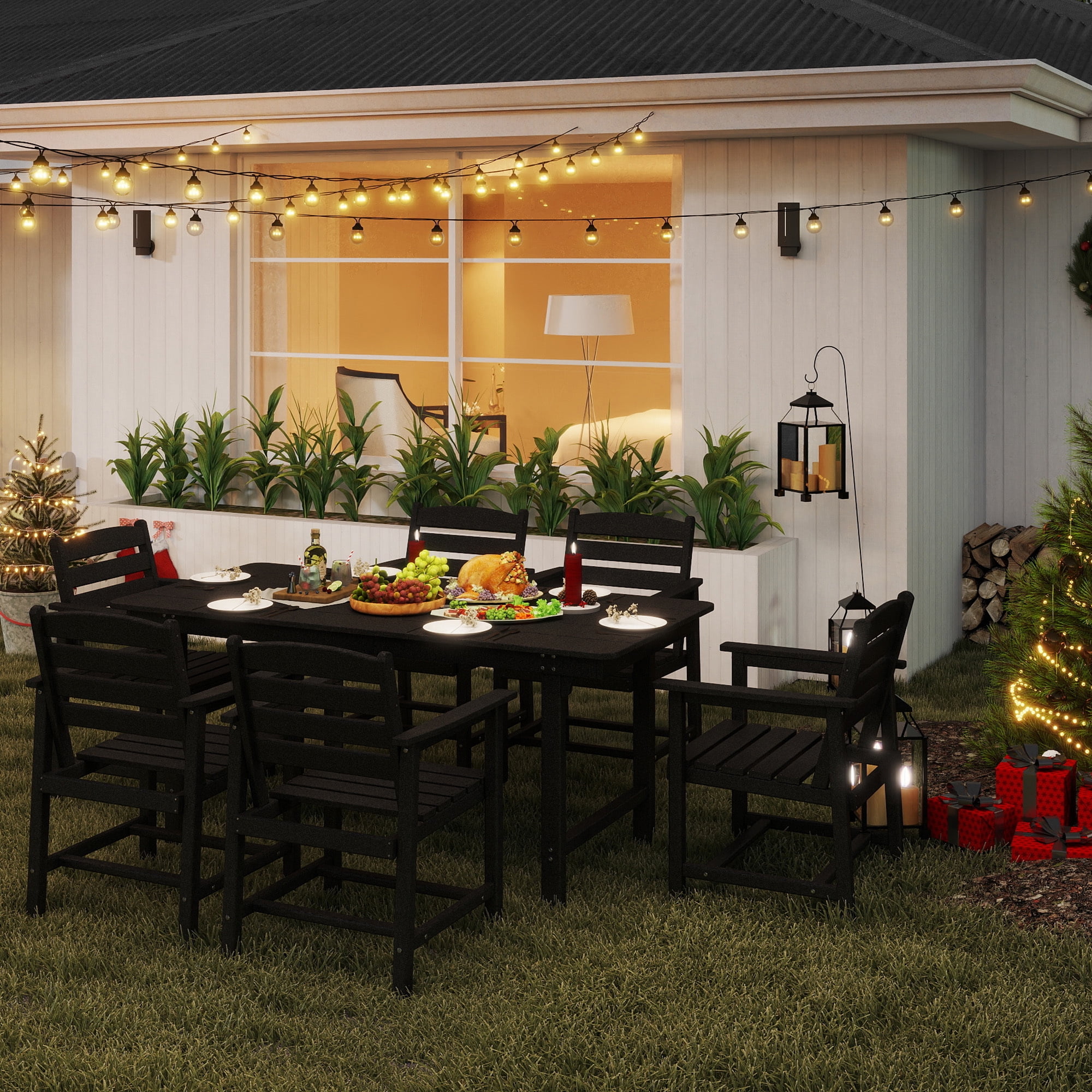 FOOWIN 7-Piece Patio Dining Set, HDPE All-Weather Outdoor Furniture with 6 Chairs and 1 Table, Black