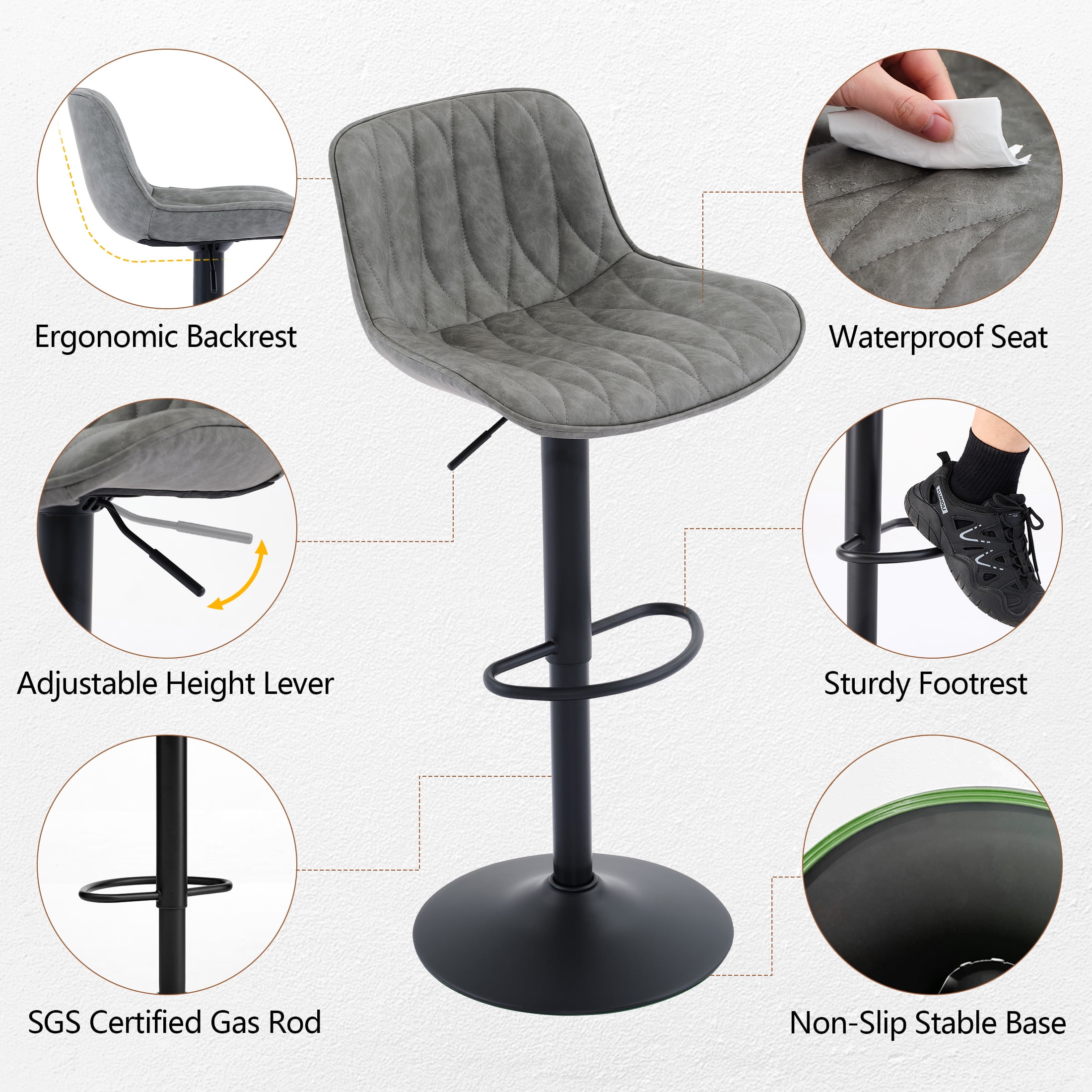 FIRAVOE Swivel Bar Stools Set of 2 (Adjustable Height 25"-33") Counter Height Bar Stools with Back, Modern Faux Leather Barstools for Kitchen Island, Gray